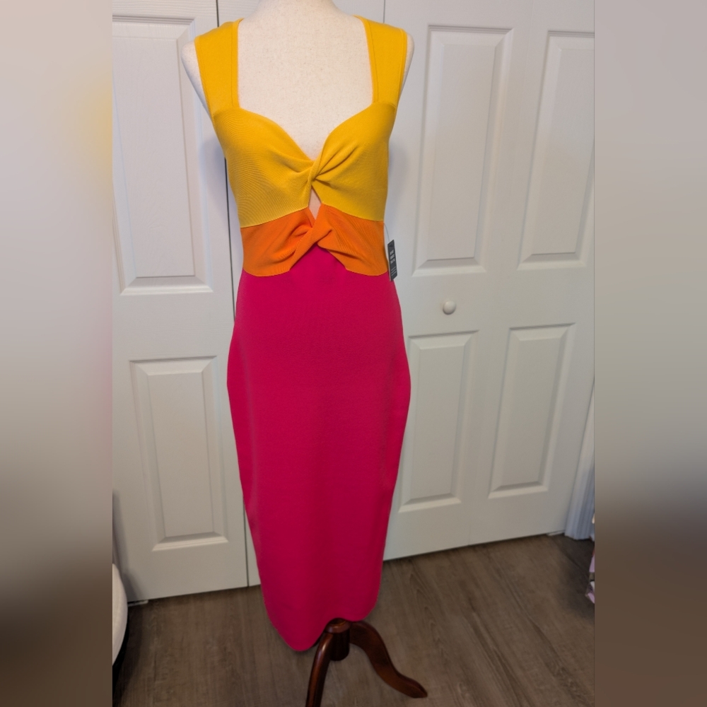 NWT Express Body Contour Dress in Pink, Orange, and Yellow Size Medium